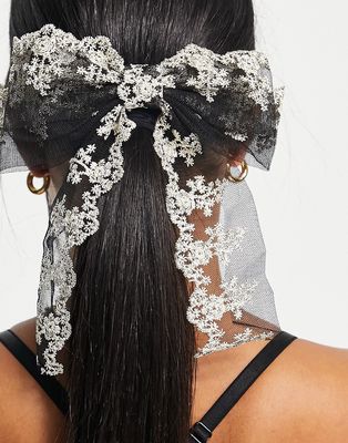 True Decadence bow hair clip in black with cream lace-Blue