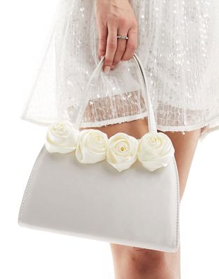 True Decadence bridal rose clutch bag in cream satin-Silver