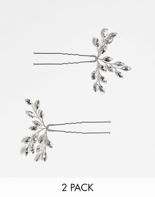 True Decadence crystal leaf hair pins in silver