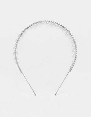True Decadence embellished triple row headband with faux pearls and crystal-Silver