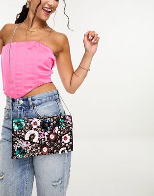 True Decadence floral beaded bag in black and pink-Multi