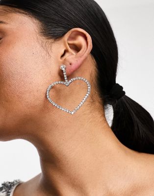 True Decadence heart drop rhinestone earrings-Silver
