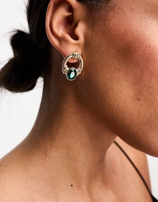 True Decadence hoop stud earrings with green stone in gold