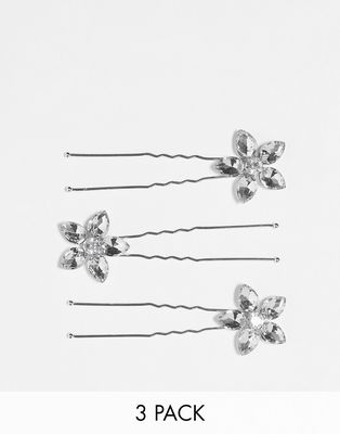 True Decadence occasion floral hair grips in silver crystal x 3