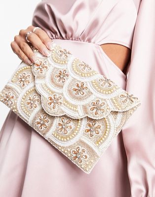 True Decadence scalloped beaded envelope clutch bag in cream and gold-Multi