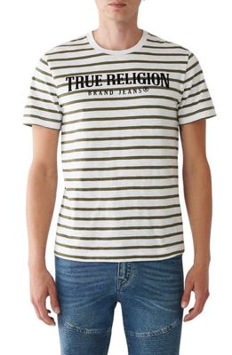 True Religion Brand Jeans Arch Logo Stripe Graphic T-Shirt in Optic White/Kalamata
