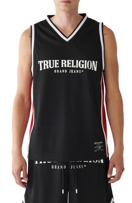True Religion Brand Jeans Arch Logo V-Neck Mesh Tank in Jet Black