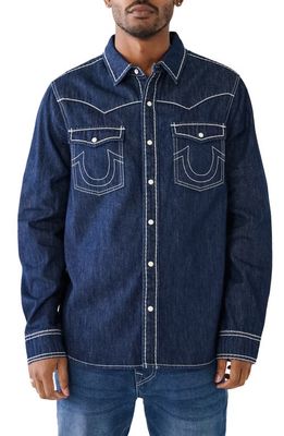 True Religion Brand Jeans Big T Cotton Denim Snap-Up Western Shirt in Dark Indigo