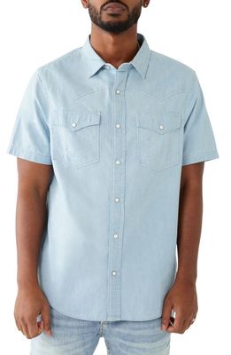 True Religion Brand Jeans Big-T Short Sleeve Chambray Snap-Up Western Shirt