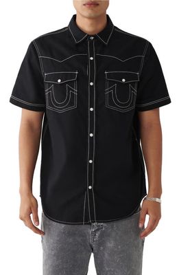 True Religion Brand Jeans Big-T Short Sleeve Twill Snap-Up Western Shirt in Jet Black