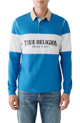 True Religion Brand Jeans Flatlock Paneled Colorblock Rugby Shirt in Victoria Blue