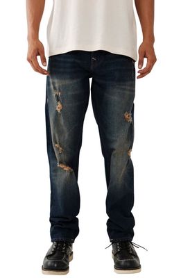 True Religion Brand Jeans Geno Flap Distressed Slim Straight Leg Jeans in Decadence Dark Wash