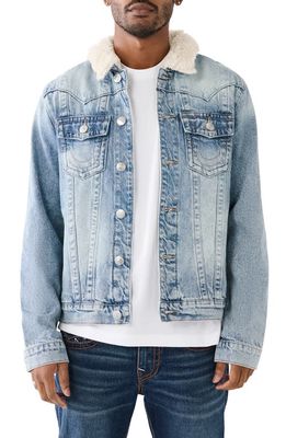 True Religion Brand Jeans Jimmy Denim Trucker Jacket with Faux Shearling Collar in Wild Bill Light Wash