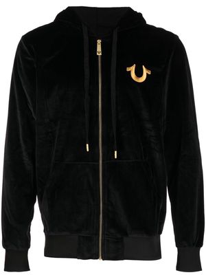 True Religion logo-print velour zipped hoodie - Black