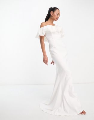 True Violet Bridal bardot fishtail maxi dress in ivory-White
