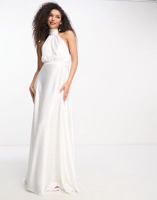 True Violet Bridal high neck prom maxi gown with pockets in ivory-White