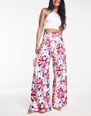 True Violet high rise palazzo pants in white floral-Pink