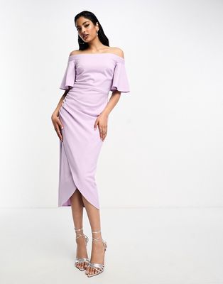 True Violet midi pencil bardot dress with sleeve and wrap skirt in lavender-Purple