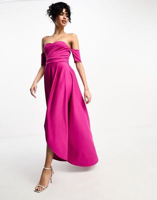 True Violet off shoulder high low dress in fuchsia-Pink