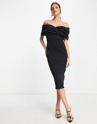 True Violet off-the-shoulder pencil midi dress in black