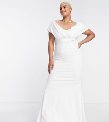 True Violet Plus Bridal wrapped off shoulder maxi dress in ivory-White