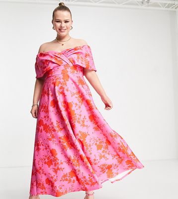 True Violet Plus off the shoulder prom midi dress in pink and red floral