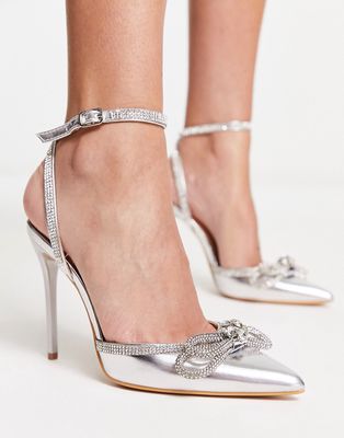 Truffle Collection bow embellished clear pointed heeled shoes in silver