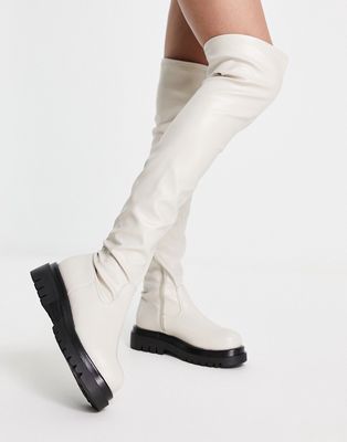 Truffle Collection chucky stretch over the knee boots in cream-White
