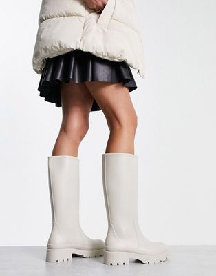 Truffle Collection chunky knee high wellies in cream matte-White