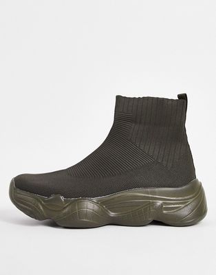 Truffle Collection chunky sole knitted sock sneakers in khaki drench-Green
