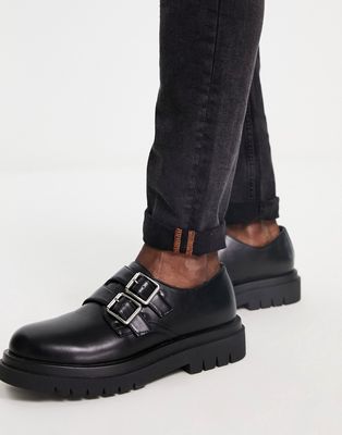Truffle Collection faux leather chunky monk shoes in black