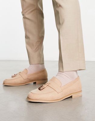 Truffle Collection faux suede tassel loafers in stone-Neutral
