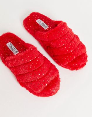 Truffle Collection fluffy open toe slipper in red