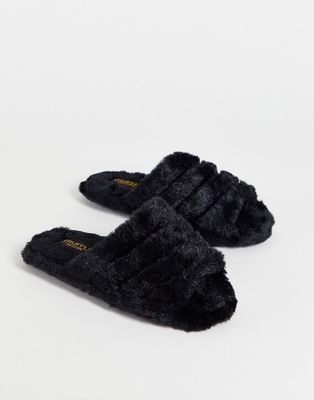Truffle Collection fluffy open toe slippers in black