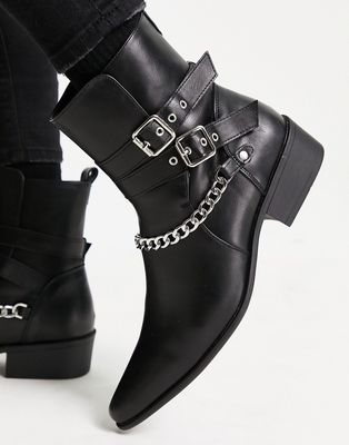 Truffle Collection heeled western hardware strap boots in black faux leather