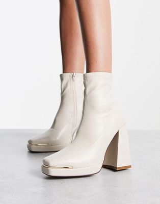Truffle Collection platform square toe boots with trim in cream-White