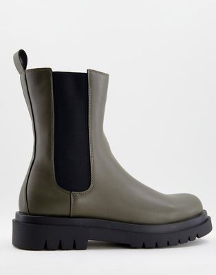 Truffle Collection pull on chunky calf chelsea boots in green faux leather
