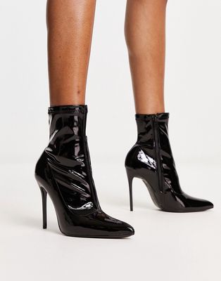 Truffle Collection stiletto heel sock boots in black patent