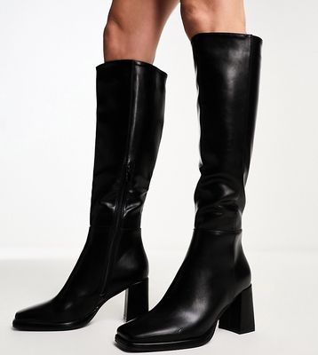 Truffle Collection wide fit block heel square toe knee boots in black PU