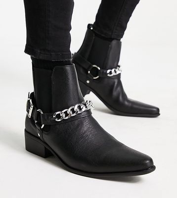 Truffle Collection wide fit chain detail western boots in black faux leather