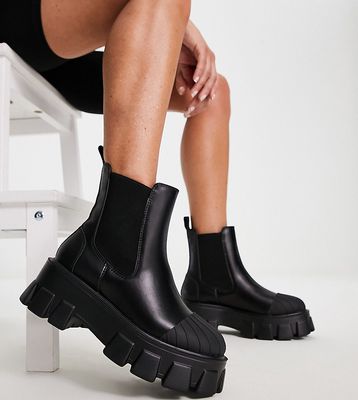 Truffle Collection Wide Fit chunky chelsea toe cap ankle boots in black