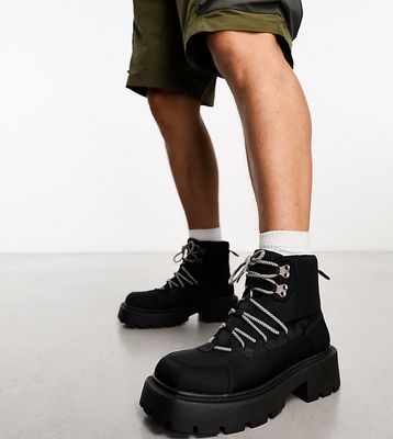 Truffle Collection wide fit chunky hiker boots with bungee cord detail in black