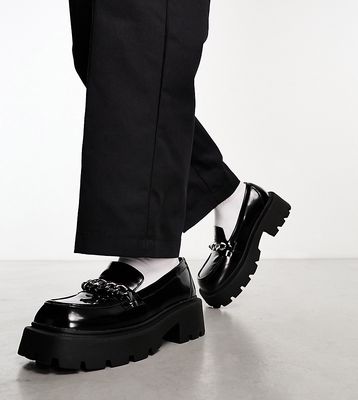 Truffle Collection wide fit faux leather chunky chain loafers in black