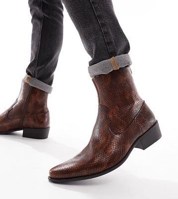 Truffle Collection wide fit heeled western chelsea boots in brown snake