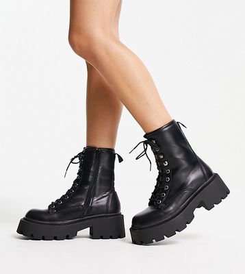Truffle Collection Wide Fit square toe chunky lace up boots in black