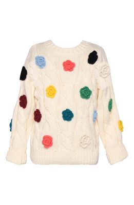 Truly Me Kids' 3D Flower Cable Crewneck Sweater in Ivory Multi