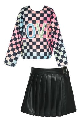 Truly Me Kids' Checkerboard Print Sweater & Faux Leather Skort Set in Black 