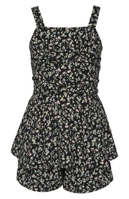 Truly Me Kids' Double Bow Floral Print Romper in Black Multi