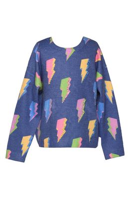 Truly Me Kids' Embellished Lightning Bolt Crewneck Sweater in Blue Multi