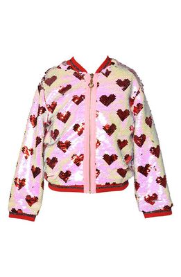 Truly Me Kids' Flip Sequin Heart Bomber Jacket in Pink Multi